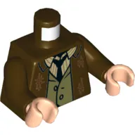 Torso Jacket with Tears, Olive Green Shirt, Tan Striped Shirt, Black Tie print, Dark Brown, Light Nougat Hands