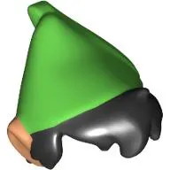 Hair and Hat with Pointed Ears, Black Messy Hair, Bright Green Pointed Hat Print (Peter Pan)