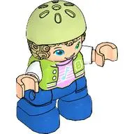 Duplo Figure Child with Hair and Bike Helmet Yellowish Green, Blue Legs, Jacket, Music Note Print