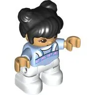 Duplo Figure Child with Two Buns on Top and Long Bangs Black, White Legs, Pink Flowers Print