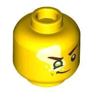 Minifig Head Mateo, Bright Light Yellow Spot over Eye, Reddish Brown Eyebrows, Lime Eye, Smirk / Open Mouth Grin Print