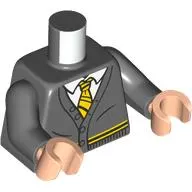 Torso, Jacket, White Shirt, Yellow/Black Tie, Hogwarts Hufflepuff Uniform print, Dark Bluish Gray Arms, Light Nougat Hands