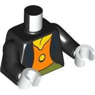 Torso, Jacket, Dark Blue Trim, Orange Shirt, Yellow Button/Collar, Olive Green Pants print, Black Arms, White Hands