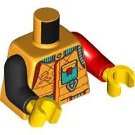 Torso, Odd Arms, Dark Turquoise Pockets, Clip, Red/Light Bluish Grey/Dark Turquoise Trim print, Left Red Arm, Right Black Arm, Yellow Hands