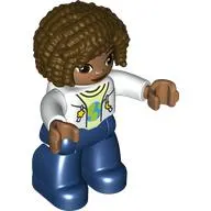 Duplo Figure with Curly Hair Dark Brown, Dark Blue Legs, Jacket over Yellowish Green Shirt Print
