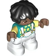 Duplo Figure Child with Short Wavy Hair Black, White Legs, Bright light Yellow Stars Print
