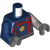 Torso, Armor, Red Details, Flame (Captain Marvel Symbol) print, Odd Arms, Left Flat Silver Arm, Right Dark Blue Arm, Dark Bluish Grey Hands