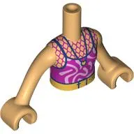 Minidoll Torso Girl with Magenta Dress, Bright Pink Swirls, Dark Blue Straps, Necklace, Gold Belt print, Warm Tan Arms and Hands