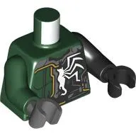Torso, Odd Arms and Hands, Dark Green Armor, Yellow Line, Black Venom Transition, White Spider print, Left Black Arm and Hand, Right Dark Green Arm and Dark Bluish Grey Hand