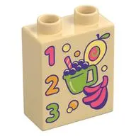 Duplo Brick 1 x 2 x 2 with '1 2 3', Fruit, Drink print