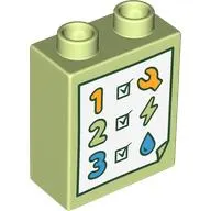Duplo Brick 1 x 2 x 2 with Check List, 1, 2, 3, Wrench, Lightning Bolt, Droplet print