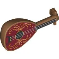 Musical Instrument Lute with Silver Strings, Gold Decorations on Dark Red/Black Background print