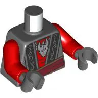 Torso, Red Shirt, Dark Bluish Grey Robe, Black Trim, Dark Red Sash, Silver Dragon Skull Pendant print, Red Arms, Dark Bluish Gray Hands