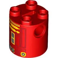 Brick Round 2 x 2 x 2 Robot Body, Axle Holder '+' Orientation with Yellow and Dark Red Astromech Droid Print (L3-G0)