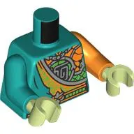 Torso, Odd Arms, Toga, Lavender Trim, Orange Plate Scales, Lavender Snake/Sign print, Left Orange Arm, Right Dark Turquoise Arm, Yellowish Green Hands