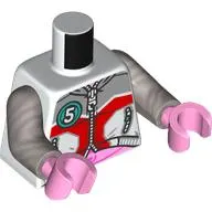 Torso, Jacket, Zipper, Light Bluish Grey/Red Shapes, Dark Turquoise Circle with White '5', Bright Pink Stomach print, Flat Silver Arms, Bright Pink Hands