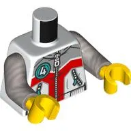 Torso, Jacket, Zipper, Light Bluish Grey/Red Shapes, Dark Turquoise Circle with White '4' print, Flat Silver Arms, Yellow Hands