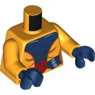 Torso Jumpsuit, Dark Blue Trim and Belt, Red X-Men Symbol print, Bright Light Orange Arms, Dark Blue Hands