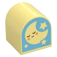 Duplo Brick 2 x 2 x 2 Curved Top with Bright Light Yellow Sleeping Moon, Stars on Medium Azure Background / Bright Light Orange Smiling Sun with Cloud print