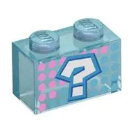 Brick 1 x 2 without Bottom Tube with Dark Azure '?', Dark Pink/Dark Turquoise Dots print