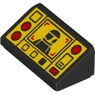 Brick Sloped 30° 1 x 2 x 2/3 with Yellow Control Panel, Black Minifig, Red Buttons print