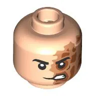 Minifig Head Two-Face, Black Eyebrows, Nougat/Dark Orange Burned Left Side, Lopsided Scowl