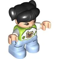 Duplo Figure Child with Ponytails and Bangs Black, with Top with White Sleeves, Bright Light Blue Legs