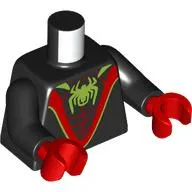 Torso Bodysuit, Red Webbing and Thick 'V', Lime Spider Print, Black Arms, Red Hands
