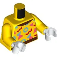 Torso, Reddish Brown Belt, Collar, Red/Bright Light Blue/Coral Shapes print, Yellow Arms, White Hands