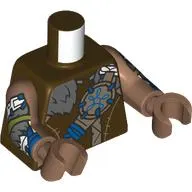 Torso, Hide Tunic, Dark Bluish Grey Fur, Dark Tan/Blue Straps with Blue Decorations, Arm Print, Medium Brown Arms and Hands