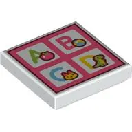 Tile 2 x 2 with Lime 'A', Apple, Coral 'B', Ball, Medium Azure 'C', Cat, Yellow 'D', Dino, on Coral Background print