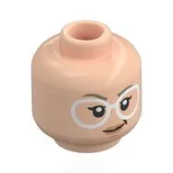 Minifig Head Stephanie "Stef" Steinbrenner, White Glasses, Dark Tan Eyebrows, Smirk / Bright Pink Bubble Gum