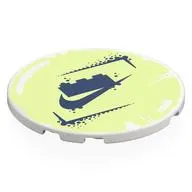 Tile Round 6 x 6 with Dark Blue LEGO Brick, Nike Logo on Yellowish Green Background print