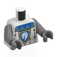 Torso, Knight Armor, Blue Collar, Shield with White Horse on Blue Field, Gold Border, Diamonds print, Flat Silver Arms and Hands