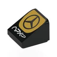 Brick Sloped 30° 1 x 1 x 2/3 (Cheese Slope) with Mercedes Logo on Orange Circle, White 'APX GP' print