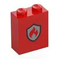 Brick 1 x 2 x 2 with Inside Stud Holder with Black/Silver Firefighter Badge print