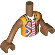 Minidoll Torso Boy with Medium Nougat Arms and Hands with Bright Light Orange Shirt, Dark Purple/Dark Turquoise/White/Coral Decorations, White/Coral Shirt print