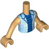 Minidoll Torso Boy with Warm Tan Arms and Hands with Bright Light Blue Open Shirt, White Decorations, Blue/Dark Blue Stripes Shirt print