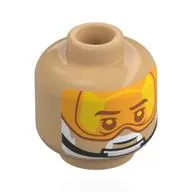 Minifig Head Carson Teva, Dark Bluish Grey Eyebrows, White Beard, Neutral / Black Chin Strap, Trans-Orange Visor