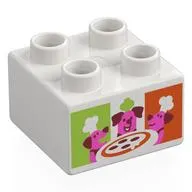 Duplo Brick 2 x 2 with Dark Pink Dogs, Pizza, Lime/Reddish Orange Background print