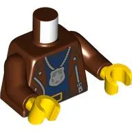 Torso, Jacket, Zipper, Silver Police Badge on Necklace, Dark Blue Shirt, Black Belt print, Reddish Brown Arms, Yellow Hands