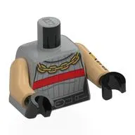 Torso, Sweater, Red Stripe, Gold Chain Necklaces, Black Belt print, Warm Tan Arms, Black Hands
