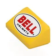 Brick Sloped 30° 1 x 2 x 2/3 with Red 'BELL', Black 'HELMETS' in Black Oval, White Field print