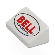 Brick Sloped 30° 1 x 2 x 2/3 with Red 'BELL', Black 'HELMETS' in Black Oval print