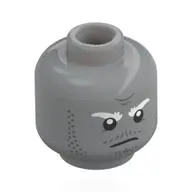 Minifig Head Tombstone, White Eyebrows, Dark Bluish Grey Stubbles, Moustache, Lopsided Grin / Stern