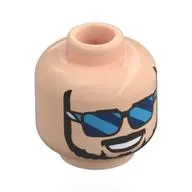 Minifig Head Ken Block, Black Beard, Moustache, Open Mouth Smile, Dark Blue/Azure Glasses