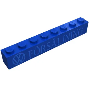 Brick 1 x 8 without Bottom Tubes with Cross Side Supports with 'VW FORSALJNING' Thin Blue Print