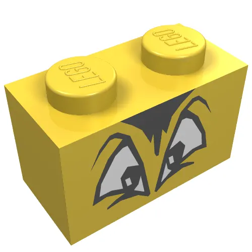 Brick 1 x 2 with Black and White Squinting Eyes and Hair Print