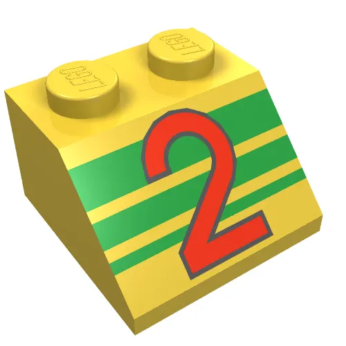 Brick Sloped 45° 2 x 2 with Red '2' and Green Stripes Print