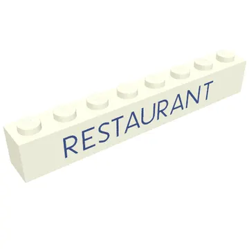 Brick 1 x 8 without Bottom Tubes with Cross Side Supports with 'RESTAURANT' Blue Print